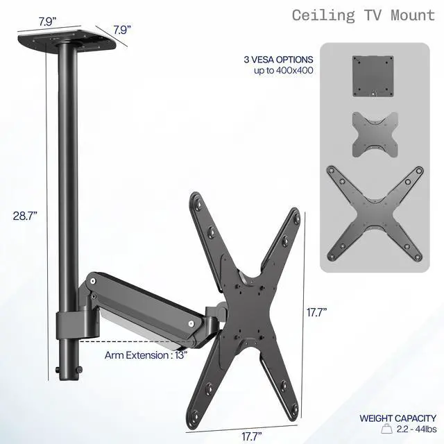 Alt view image 3 of 7 - VIVO Articulating Ceiling TV Mount for 17 to 55 inch Screens, Holds 44 lbs, Pneumatic Adjustment, Black, MOUNT-VC02A