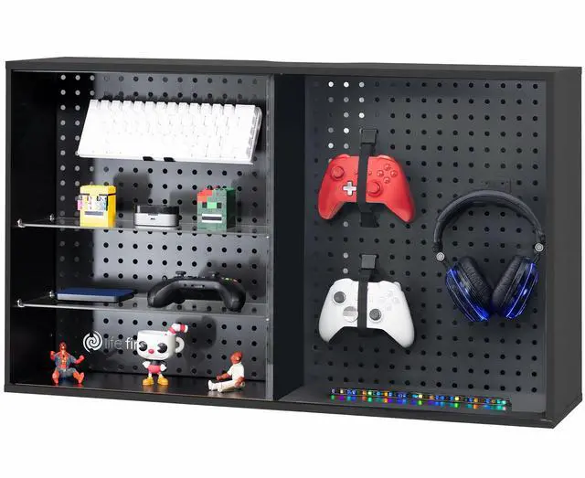 Main image of Life Finds Steel Pegboard Cabinet with Glass Shelving and Sliding Door, Accessories Included, Black, LF-GDPC1