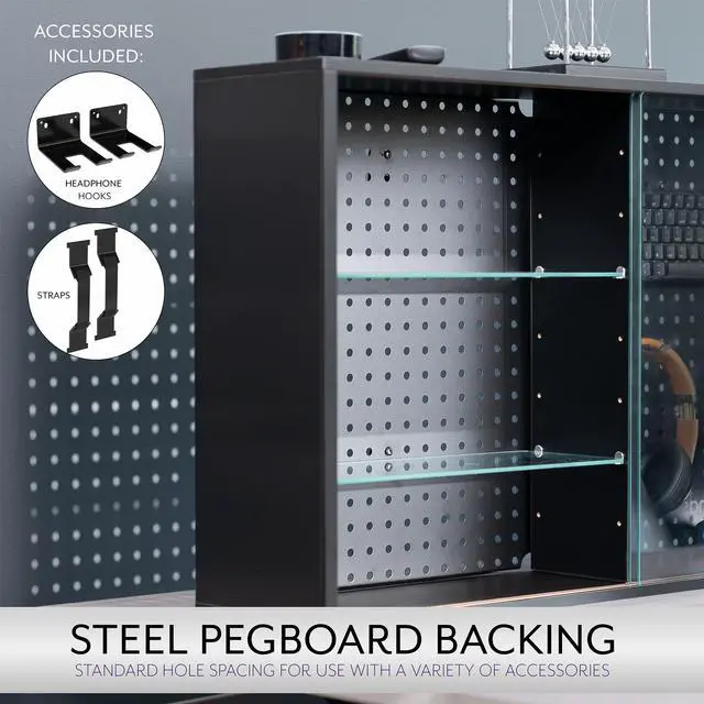 Alt view image 6 of 7 - Life Finds Steel Pegboard Cabinet with Glass Shelving and Sliding Door, Accessories Included, Black, LF-GDPC1
