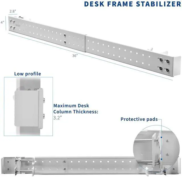 Alt view image 2 of 7 - VIVO Universal White Steel Clamp-on Desk Stabilizer Bar, 36" to 61.6" Bracket Support System (DESK-STB01W)