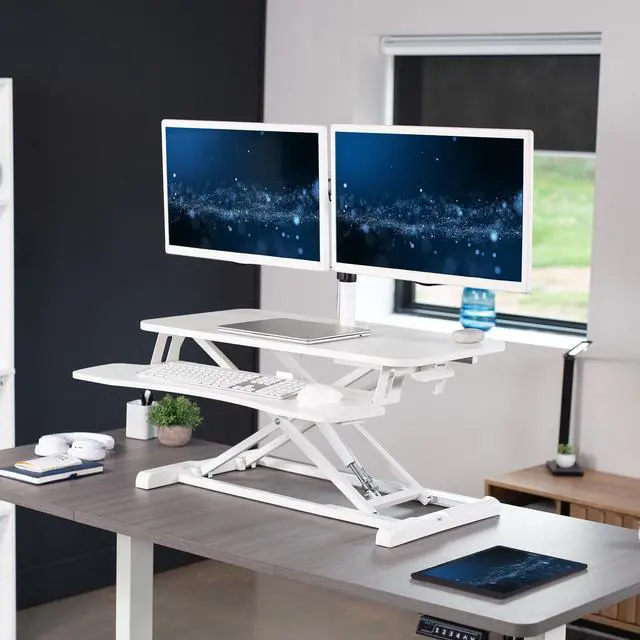 Alt view image 2 of 7 - VIVO White 32" Standing Desk Riser with Adjustable Dual 13" to 30" Monitor Mount