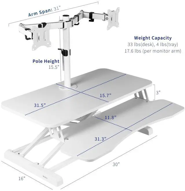 Alt view image 6 of 7 - VIVO White 32" Standing Desk Riser with Adjustable Dual 13" to 30" Monitor Mount