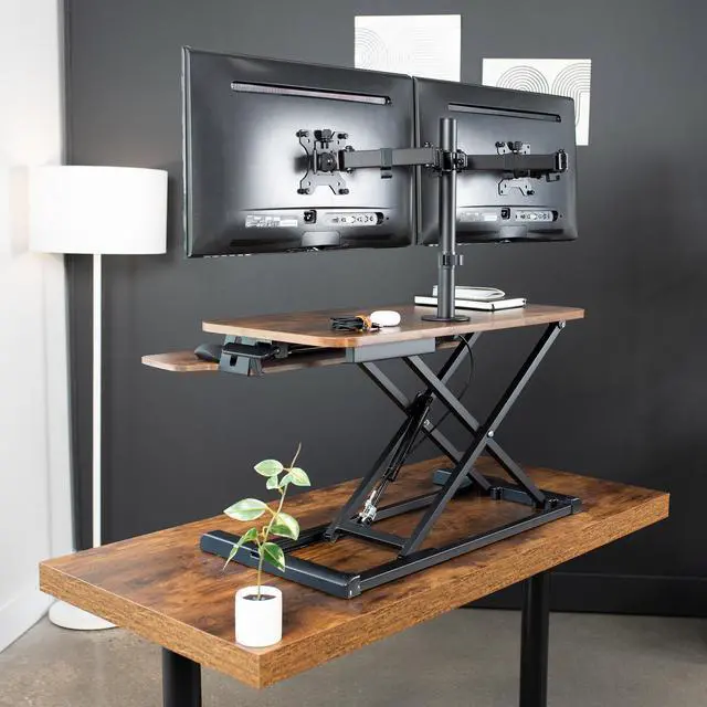 Alt view image 8 of 8 - VIVO Vintage Brown/Black 32" Standing Desk Riser with Dual 13"-30" Monitor Mount