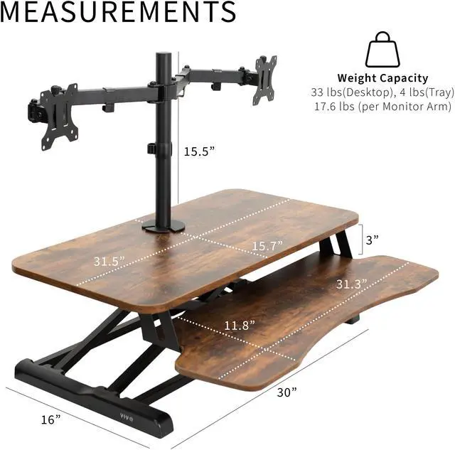 Alt view image 6 of 8 - VIVO Vintage Brown/Black 32" Standing Desk Riser with Dual 13"-30" Monitor Mount