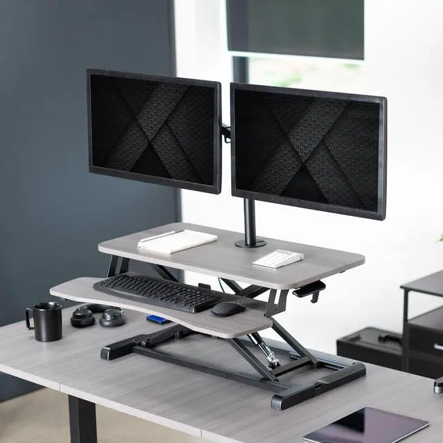 Alt view image 2 of 8 - VIVO Gray 32" Standing Desk Riser with Adjustable Dual 13" to 30" Monitor Mount