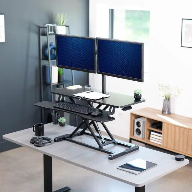 Alt view image 2 of 7 - VIVO Black 36" Height Adjustable Standing Desk Riser with Articulating Dual 13" to 30" Monitor Mount (DESK-V036K-M2)