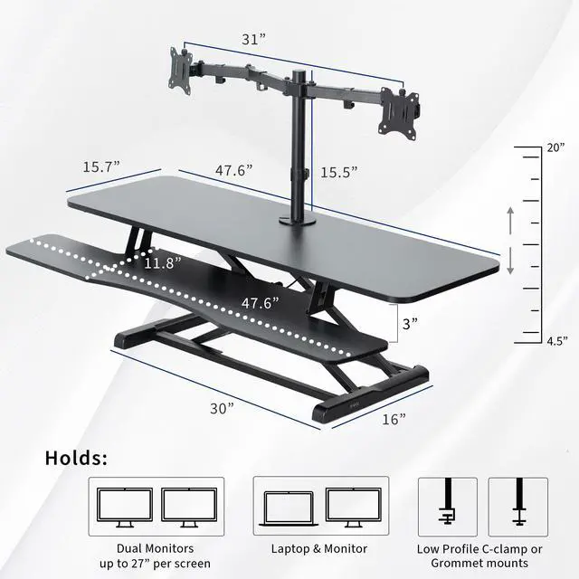 Alt view image 3 of 7 - VIVO Black 48" Standing Desk Riser with Adjustable Dual 13" to 30" Monitor Mount