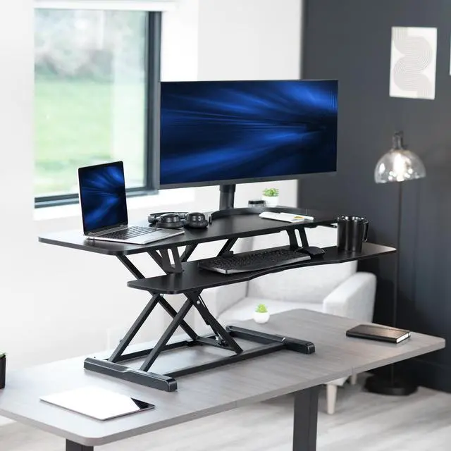 Alt view image 2 of 7 - VIVO Black Height Adjustable Extra Wide 48" Standing Desk Monitor Riser, Sit Stand Desktop Converter (DESK-V048KB)