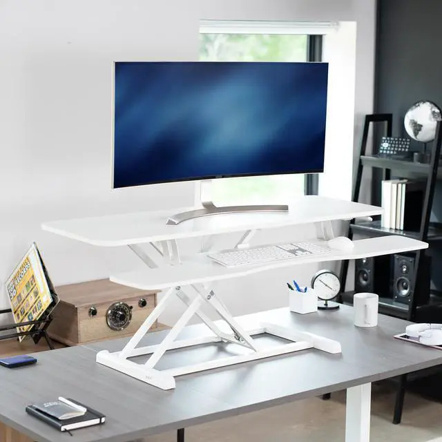 Alt view image 2 of 7 - VIVO White Height Adjustable Extra Wide 48" Standing Desk Monitor Riser, Sit Stand Desktop Converter (DESK-V048KW)
