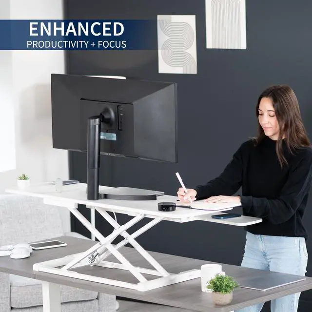 Alt view image 4 of 7 - VIVO White Height Adjustable Extra Wide 48" Standing Desk Monitor Riser, Sit Stand Desktop Converter (DESK-V048KW)
