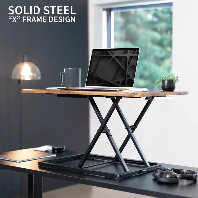 Alt view image 4 of 7 - VIVO Vintage Brown Slim 32" Desktop Converter, Sit Stand Tabletop Monitor Riser