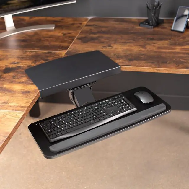 Alt view image 2 of 7 - VIVO Black Corner Desk Keyboard & Mouse Platform Tray, Ergonomic Under Table Surface for L-Shaped Desks, MOUNT-KB03B-C