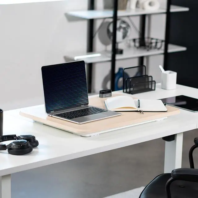 Alt view image 6 of 7 - VIVO Light Wood / White Ultra Slim 26" Desktop Converter, Sit Stand Riser