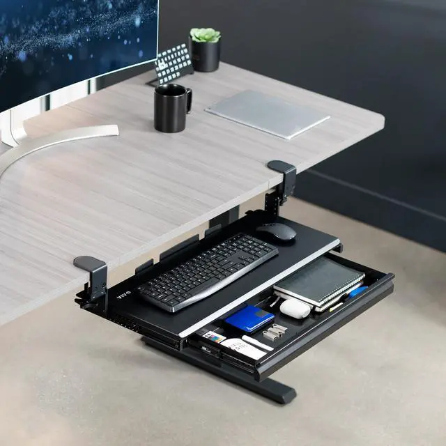 Alt view image 2 of 7 - VIVO Black Large Height Adjustable Clamp-on Computer Keyboard Tray Platform with Storage Drawer (MOUNT-KB05HB-DR)