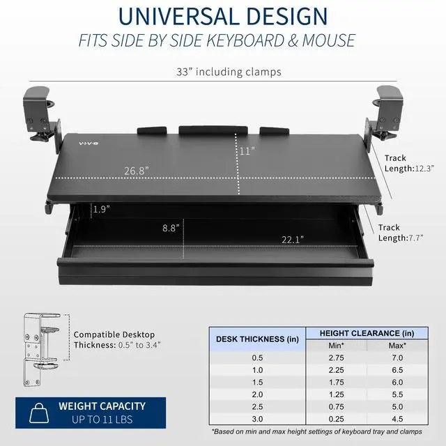 Alt view image 3 of 7 - VIVO Black Large Height Adjustable Clamp-on Computer Keyboard Tray Platform with Storage Drawer (MOUNT-KB05HB-DR)