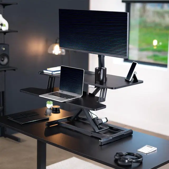 Alt view image 2 of 7 - VIVO Black Electric Height Adjustable 36" Standing Desk Monitor Riser, Dual Arm Sit Stand Tabletop Converter, DESK-VE36B