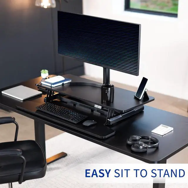 Alt view image 5 of 7 - VIVO Black Electric Height Adjustable 36" Standing Desk Monitor Riser, Dual Arm Sit Stand Tabletop Converter, DESK-VE36B