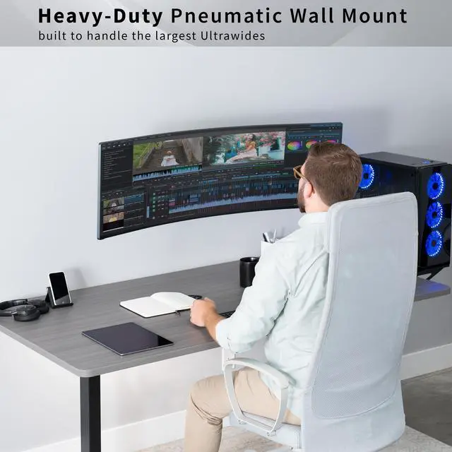 Alt view image 3 of 14 - VIVO Black Premium Aluminum Pneumatic Monitor Arm Wall Mount for Ultrawide Screens up to 49" and 44 lbs, MOUNT-V101G1