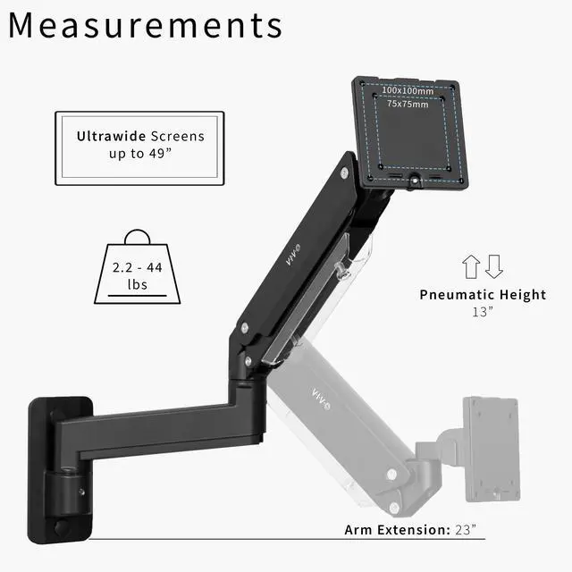 Alt view image 5 of 14 - VIVO Black Premium Aluminum Pneumatic Monitor Arm Wall Mount for Ultrawide Screens up to 49" and 44 lbs, MOUNT-V101G1