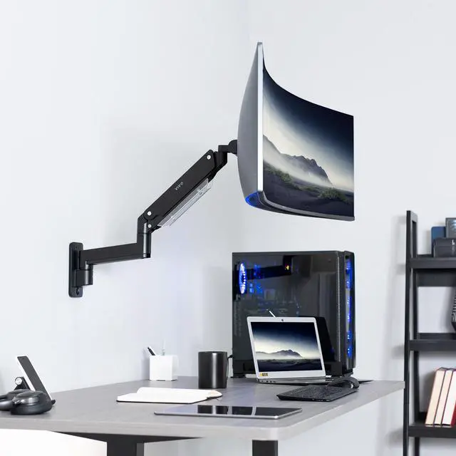 Alt view image 2 of 14 - VIVO Black Premium Aluminum Pneumatic Monitor Arm Wall Mount for Ultrawide Screens up to 49" and 44 lbs, MOUNT-V101G1