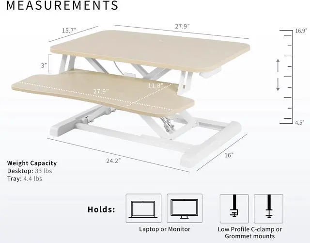 Alt view image 3 of 7 - VIVO Light Wood Height Adjustable 28" Standing Desk Monitor Riser, Sit Stand Converter, White Frame, DESK-V028KF