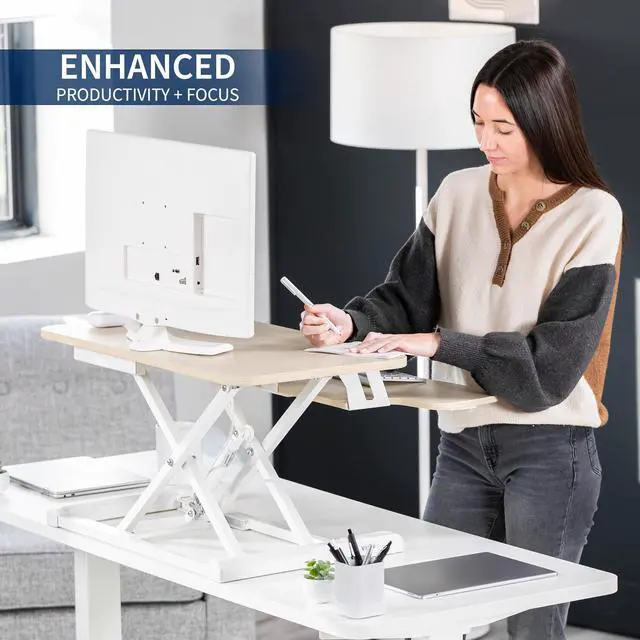 Alt view image 4 of 7 - VIVO Light Wood Height Adjustable 28" Standing Desk Monitor Riser, Sit Stand Converter, White Frame, DESK-V028KF