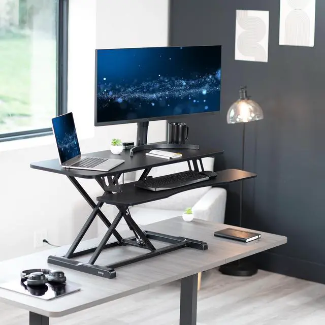 Alt view image 2 of 7 - VIVO Black Height Adjustable 42" Standing Desk Monitor Riser, Sit Stand Tabletop