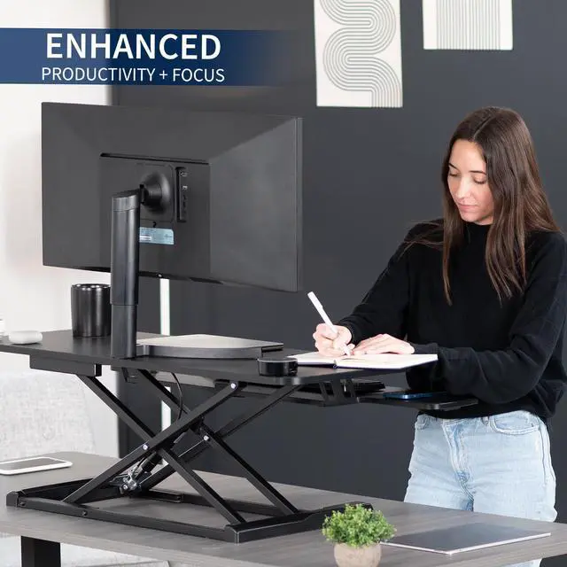 Alt view image 4 of 7 - VIVO Black Height Adjustable 42" Standing Desk Monitor Riser, Sit Stand Tabletop