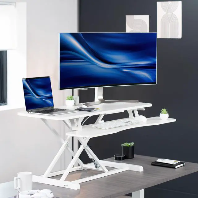 Alt view image 2 of 7 - VIVO White Height Adjustable 42" Standing Desk Monitor Riser, Sit Stand Tabletop