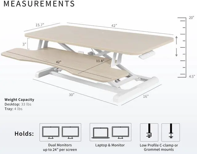 Alt view image 3 of 7 - VIVO Extra Wide Adjustable 42" Standing Desk Monitor Riser, Desktop Converter, Light Wood Top, White Frame (DESK-V042KF)