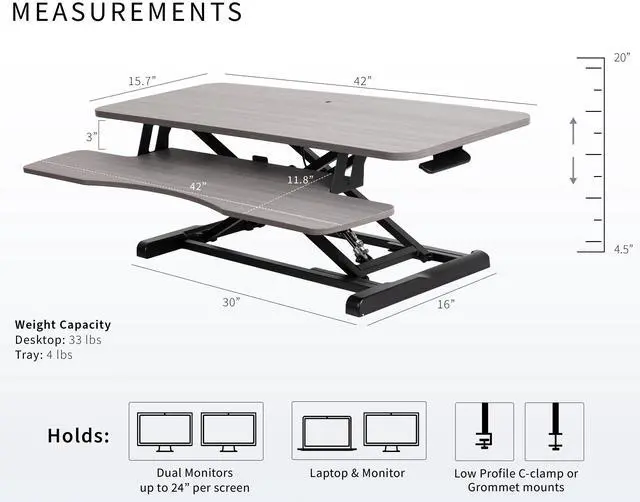 Alt view image 3 of 7 - VIVO Height Adjustable 42" Standing Desk Monitor Riser, Gray Top, Black Frame
