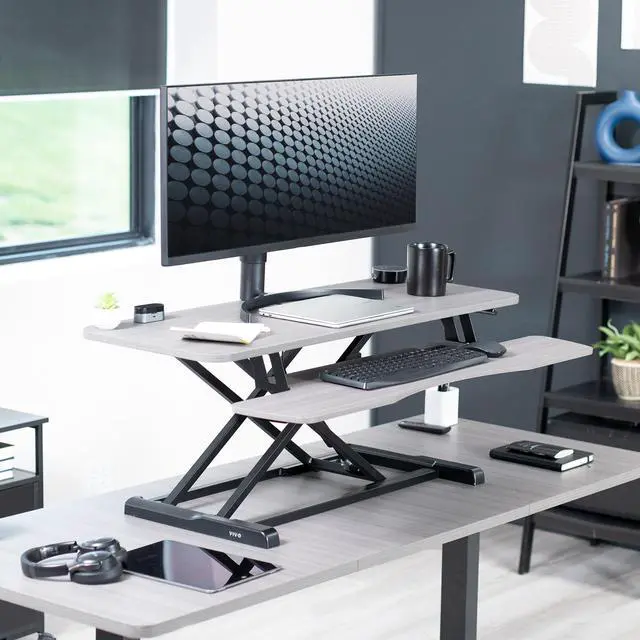 Alt view image 2 of 7 - VIVO Height Adjustable 42" Standing Desk Monitor Riser, Gray Top, Black Frame