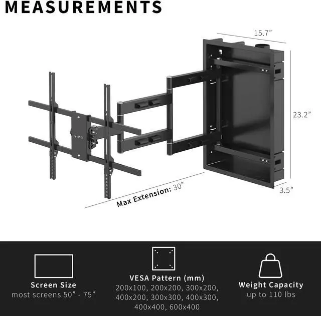 Alt view image 3 of 7 - VIVO Recessed In-Wall 50 to 75 inch TV Mount for LED LCD Screens, Ultra Low Profile, Holds up to 110 lbs (MOUNT-REC01)
