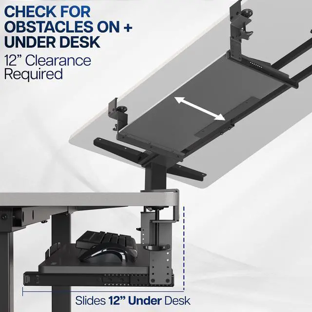 Alt view image 6 of 7 - VIVO White Clamp-on Height Adjustable Keyboard & Mouse Under Desk Slider Tray | 27" x 11" Platform Drawer (MOUNT-KB05HW)