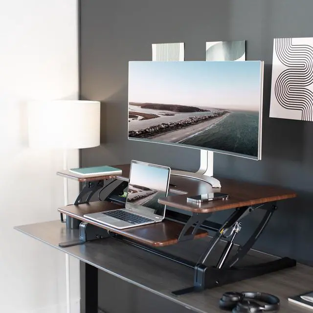 Alt view image 6 of 7 - VIVO Dark Walnut Height Adjustable Extra Wide 42" Stand Up Desktop Converter