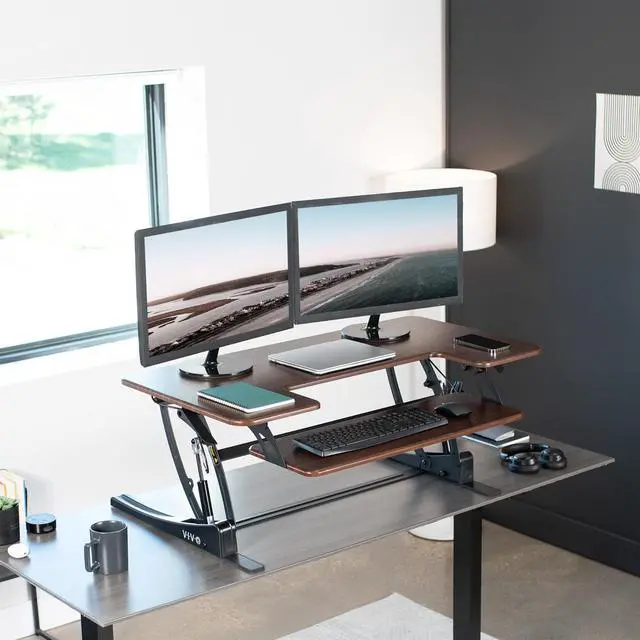 Alt view image 2 of 7 - VIVO Dark Walnut Height Adjustable Extra Wide 42" Stand Up Desktop Converter