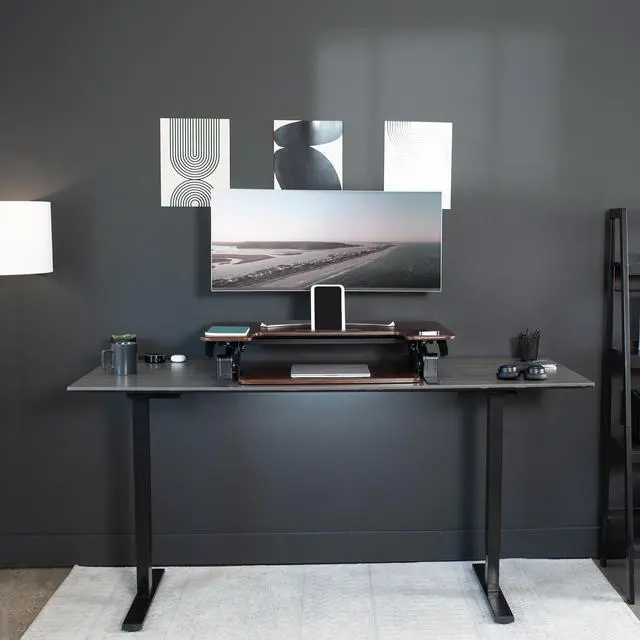 Alt view image 7 of 7 - VIVO Dark Walnut Height Adjustable Extra Wide 42" Stand Up Desktop Converter