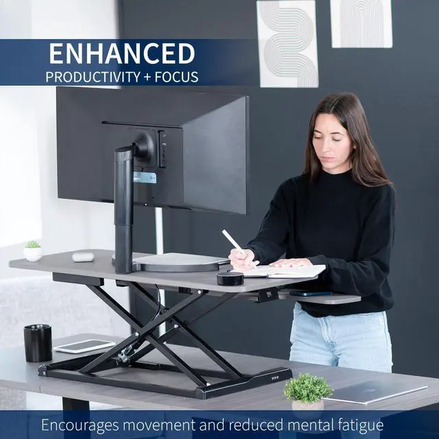 Alt view image 4 of 7 - VIVO Height Adjustable 42" Standing Desk Monitor Riser, Gray Top, Black Frame
