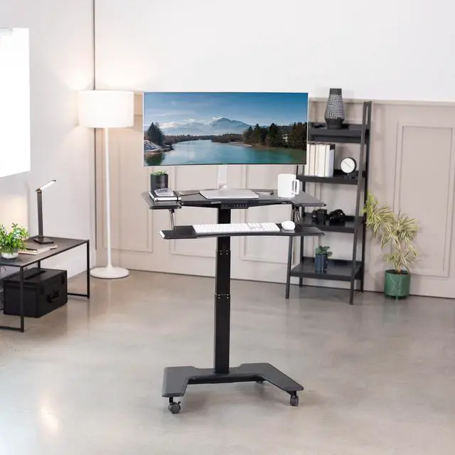 Alt view image 2 of 7 - VIVO Black Electric 36" Mobile Height Adjustable Two Platform Standing Desk Rolling Workstation (DESK-V111VT)