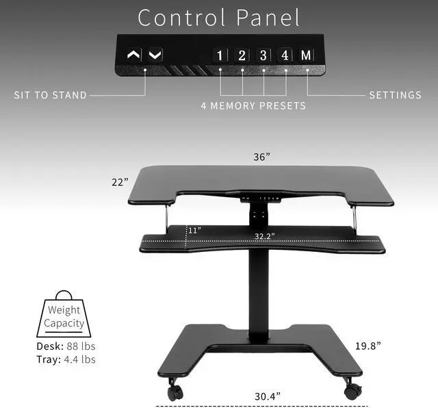 Alt view image 3 of 7 - VIVO Black Electric 36" Mobile Height Adjustable Two Platform Standing Desk Rolling Workstation (DESK-V111VT)
