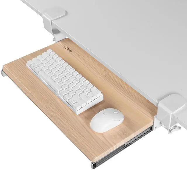 Main image of VIVO Small Clamp-on Keyboard & Mouse Under Desk Tray, 20" x 11" Platform, Light Wood Top, White Frame (MOUNT-KB05ES-A)