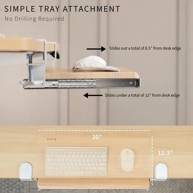 Alt view image 5 of 7 - VIVO Small Clamp-on Keyboard & Mouse Under Desk Tray, 20" x 11" Platform, Light Wood Top, White Frame (MOUNT-KB05ES-A)