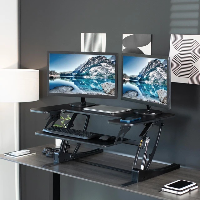 Alt view image 7 of 14 - VIVO Black Height Adjustable Standing Desk Monitor Riser Tabletop Sit to Stand