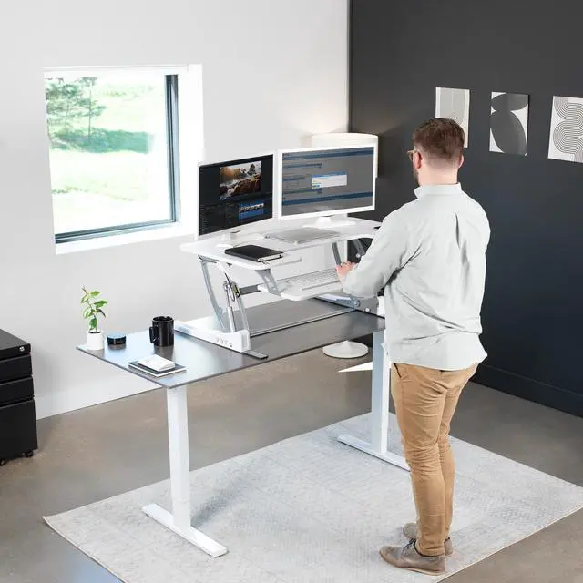 Alt view image 3 of 7 - VIVO White Height Adjustable Standing Desk Monitor Riser Tabletop Sit to Stand