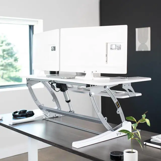 Alt view image 7 of 7 - VIVO White Height Adjustable Standing Desk Monitor Riser Tabletop Sit to Stand