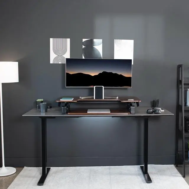 Alt view image 7 of 7 - VIVO Dark Wood Height Adjustable Stand up Desk Converter | 36" Sit to Stand Tabletop Monitor Riser (DESK-V000VD)