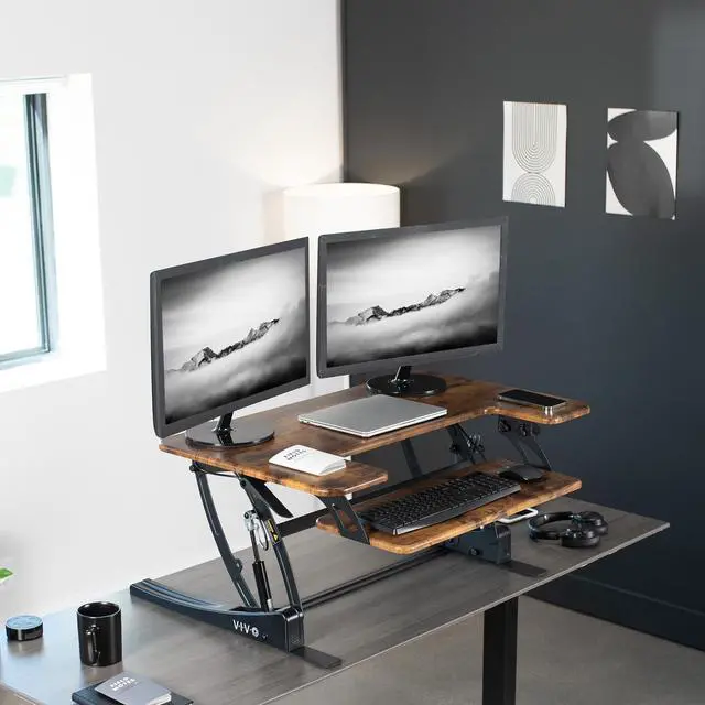 Alt view image 2 of 7 - VIVO Rustic Vintage Brown Standing Desk Riser, Tabletop Sit-Stand, Black Frame