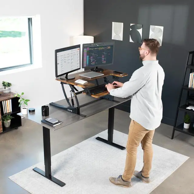 Alt view image 3 of 7 - VIVO Rustic Vintage Brown Standing Desk Riser, Tabletop Sit-Stand, Black Frame