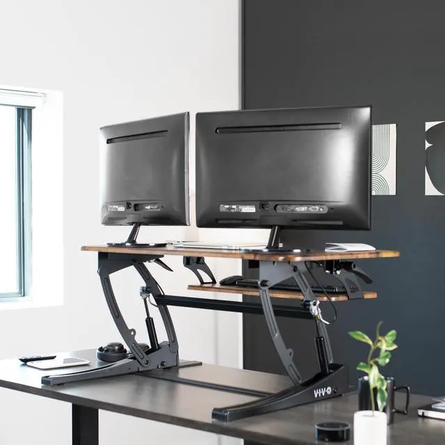 Alt view image 7 of 7 - VIVO Rustic Vintage Brown Standing Desk Riser, Tabletop Sit-Stand, Black Frame