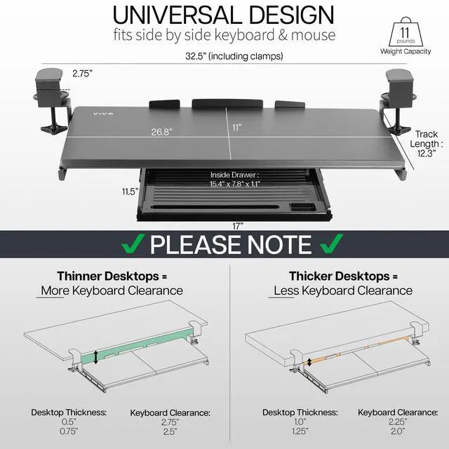 Alt view image 3 of 7 - VIVO Extra Sturdy Clamp-on 27" (33" Including Clamps) x 11" Computer Keyboard Tray with Pencil Drawer (MOUNT-KB05-4D)